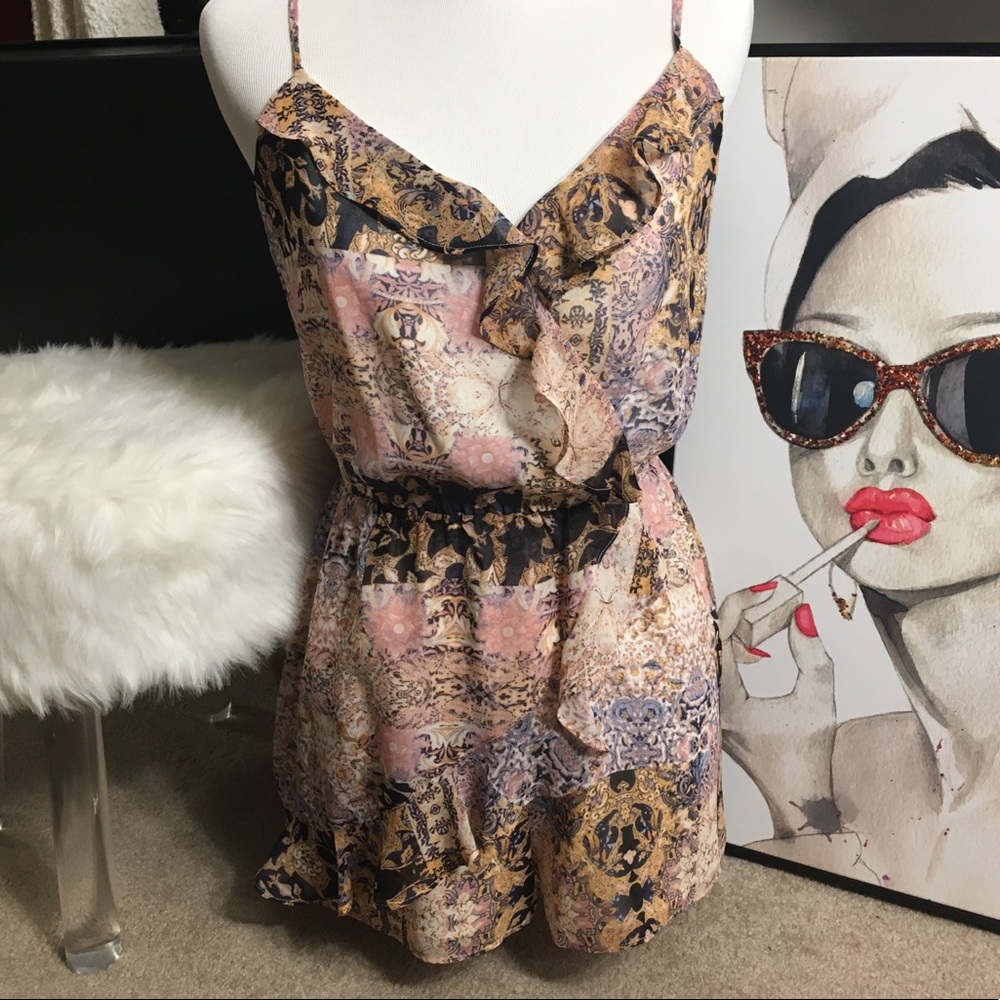 BCBGeneration Pink and Tan Printed Ruffle Romper